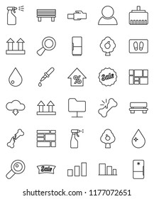 thin line vector icon set - water drop vector, welcome mat, sprayer, percent growth, consolidated cargo, top sign, sorting, magnifier, dropper, broken bone, network folder, lan connector, bench