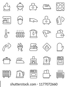 thin line vector icon set - iron vector, steaming, pan, camping cauldron, kettle, cook glove, toaster, oven, thermometer, bbq, flammable, fireplace, heating, coffee maker, hair dryer, heater