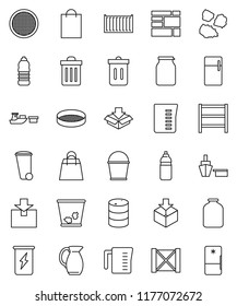 thin line vector icon set - bucket vector, trash bin, garbage pile, measuring cup, jug, sieve, jar, enegry drink, water bottle, sea container, port, wood box, consolidated cargo, package, oil barrel