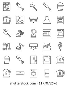 thin line vector icon set - vacuum cleaner vector, bucket, kettle, scales, oven, blender, air conditioner, fridge, washer, coffee maker, hood