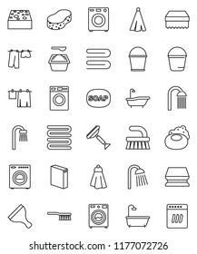 thin line vector icon set - soap vector, scraper, fetlock, bucket, sponge, towel, bath, drying clothes, washer, washing powder, shower, dishwasher