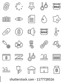 thin line vector icon set - water drop vector, splotch, skimmer, thermometer, document, dollar medal, calendar, measuring, shorts, pool, gymnast rings, no hook, tulip, warehouse, satellitie, speaker