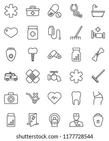 thin line vector icon set - rake vector, water tap, heart pulse, pills vial, buttocks, first aid kit, no trolley, doctor bag, ambulance star, broken bone, patch, stethoscope, bottle, hospital bed