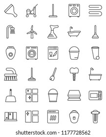 thin line vector icon set - plunger vector, scraper, cleaner trolley, broom, fetlock, mop, scoop, bucket, sponge, towel, trash bin, window cleaning, bath, shining, tooth implant, windmill, washer