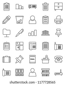 thin line vector icon set - trash bin vector, shining window, pencil, student, pen, clipboard, paper pin, archive, exam, case, binder, phone, sorting, thumbtack, network folder, user, mailbox