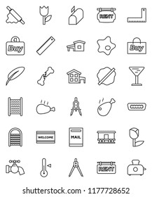 thin line vector icon set - water tap vector, splotch, welcome mat, washboard, rolling pin, thermometer, chicken leg, pen, corner ruler, drawing compass, glass, tulip, Railway carriage, hdmi, buy