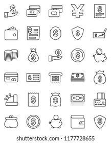 thin line vector icon set - dollar coin vector, credit card, wallet, money bag, piggy bank, investment, stack, check, receipt, shield, yen sign, cash, cashbox