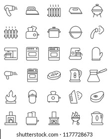 thin line vector icon set - steaming vector, pan, camping cauldron, kettle, cook glove, turk coffee, toaster, oven, bbq, steak, flammable, fireplace, heating, iron, maker, hair dryer