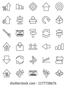 thin line vector icon set - graph vector, crisis, percent growth, dollar, target, arrow down, up, route, signpost, top sign, package, sorting, refresh, redo, low price signboard