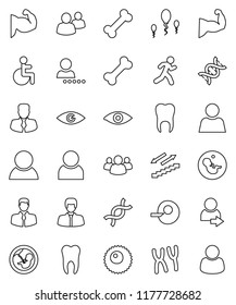 thin line vector icon set - manager vector, muscule hand, stairways run, bone, client, group, disabled, eye, dna, pregnancy, insemination, chromosomes, sperm, ovule, tooth, user, login, consumer