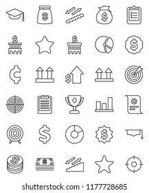 thin line vector icon set - graduate hat vector, clipboard, award cup, certificate, graph, pie, money bag, dollar growth, bank building, medal, cent sign, target, stairways run, top, favorites, coin