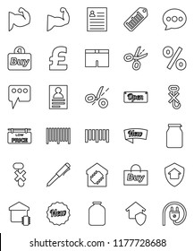 thin line vector icon set - jar vector, pen, personal information, pound, muscule hand, shorts, no hook, barcode, message, low price signboard, smart home, protect, new, open, percent, buy, coupon