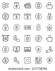 thin line vector icon set - exchange vector, dollar coin, cash, money bag, piggy bank, investment, growth, receipt, medal, flag, shield, calendar, monitor, cursor, any currency, sign