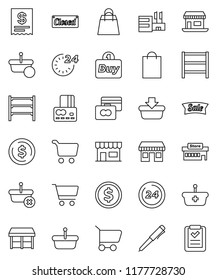 thin line vector icon set - pen vector, dollar coin, cart, credit card, office, shelving, sale, closed, 24 hour, shopping bag, market, store, mall, buy, receipt, basket, list