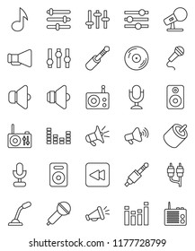 thin line vector icon set - music vector, disk, microphone, radio, speaker, loudspeaker, settings, equalizer, backward button, rca, jack