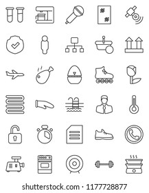 thin line vector icon set - window cleaning vector, cook glove, towel, timer, oven, chicken leg, document, target, man, barbell, snickers, roller Skates, pool, plane, client, top sign, tulip, vial