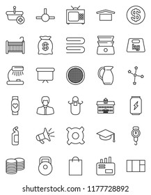 thin line vector icon set - towel vector, cleaning agent, scales, apron, double boiler, jug, sieve, graduate hat, university, table lamp, constellation, manager, coin stack, presentation board, crib