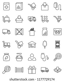 thin line vector icon set - washing powder vector, cereal, pasta, delivery, wood box, cargo, no trolley, warehouse, package, search, pills bottle, drop counter, relocation truck, gift