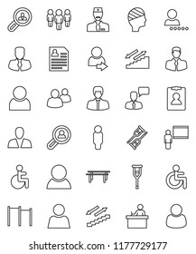 thin line vector icon set - blackboard vector, student, manager, man, personal information, horizontal bar, stairways run, client, speaking, group, disabled, crutches, head bandage, doctor, user