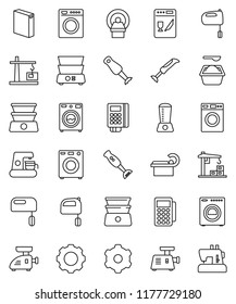 thin line vector icon set - washer vector, washing powder, mixer, double boiler, blender, tomography, gear, construction crane, card reader, dishwasher, coffee maker, meat grinder, sewing machine