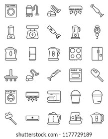thin line vector icon set - vacuum cleaner vector, bucket, kettle, scales, oven, blender, air conditioner, fridge, washer, coffee maker