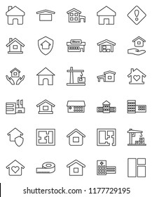 thin line vector icon set - house hold vector, school building, measuring, dry cargo, hospital, home, attention sign, cottage, barn, plan, love, construction crane, protect, mall, window