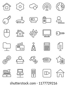 thin line vector icon set - world vector, calculator, antenna, satellitie, video camera, link, forward button, notebook network, folder, cloud shield, gear, router, favorites, route arrow, document