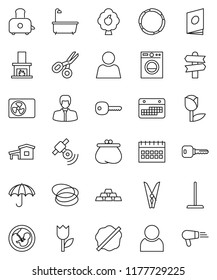 thin line vector icon set - mop vector, clothespin, splotch, bath, toaster, scissors, manager, calendar, gold ingot, hoop, signpost, umbrella, tulip, satellitie, pregnancy, user, key, cottage