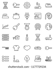 thin line vector icon set - fetlock vector, iron, toilet brush, oil, book, world, graph, sand clock, target, medal, heart, pills, router, key, cottage, fruit tree, wallet, clothes, menu, password