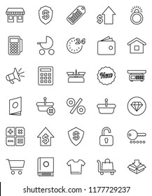 thin line vector icon set - cart vector, wallet, dollar growth, office, barcode, new, 24 hour, percent, card reader, basket, home, calculator, trolley, catalog, loudspeaker, unlock, diamond ring