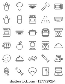 thin line vector icon set - plates vector, pan, colander, scales, apron, meat hammer, blender, bbq, dish, cereal, mushroom, potato, steak, apple fruit, fridge, grinder, multi cooker, microwave oven
