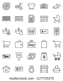 thin line vector icon set - gift vector, credit card, wallet, money bag, open, shopping, market, store, mall, target, buy, barcode, reader, basket, cart, home, loudspeaker, check, tap pay, coupon