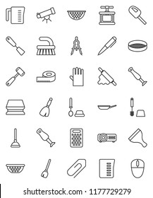 thin line vector icon set - plunger vector, scraper, broom, fetlock, sponge, toilet brush, rubber glove, pan, colander, measuring cup, cook press, spatula, rolling pin, meat hammer, grater, blender