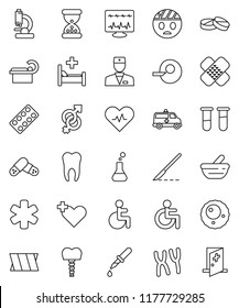 thin line vector icon set - ambulance star vector, disabled, heart pulse, cross, doctor, flask, vial, gender sign, insemination, dropper, scalpel, sand clock, patch, pills, blister, mortar, bandage
