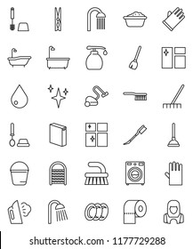 thin line vector icon set - plunger vector, broom, vacuum cleaner, fetlock, rake, bucket, clothespin, water drop, car, shining, window cleaning, steaming, bath, toilet brush, washer, foam basin