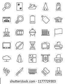 thin line vector icon set - towel vector, window cleaning, splotch, plates, shining, knife, cutting board, hand mill, bbq, flag, magnifier, sand clock, dollar, ship, truck trailer, tv, battery, barn