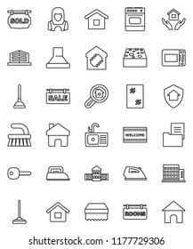 thin line vector icon set - plunger vector, fetlock, mop, sponge, window cleaning, welcome mat, iron, house hold, sink, cleaner woman, school building, home, key, estate document, sale signboard