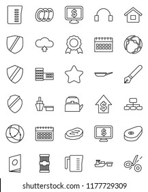 thin line vector icon set - plates vector, pan, kettle, measuring cup, pasta, steak, pen, school building, medal, dollar growth, hierarchy, calendar, monitor, port, protected, headphones, connection