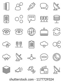 thin line vector icon set - clipboard vector, satellite antenna, satellitie, internet, dialog, speaking man, classic phone, hdmi, connect, server, network, cloud lock, exchange, big data, hub, share