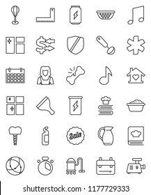thin line vector icon set - scraper vector, vacuum cleaner, window cleaning, foam basin, agent, shining, woman, colander, cook timer, ladle, cookbook, jug, corner ruler, backpack, music, exchange