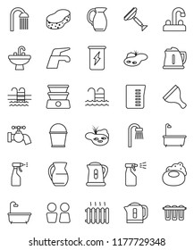 thin line vector icon set - soap vector, scraper, water tap, bucket, sponge, bath, sprayer, shower, closet, sink, kettle, measuring cup, jug, enegry drink, pool, pond, heating, double boiler, filter