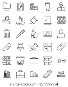 thin line vector icon set - trash bin vector, shining window, pencil, student, case, pen, paper pin, exam, manager, binder, clipboard, sorting, thumbtack, medical room, network folder, router, user