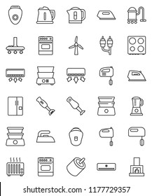 thin line vector icon set - vacuum cleaner vector, iron, kettle, mixer, oven, double boiler, blender, rca, windmill, air conditioner, fridge, epilator, heater, fireplace