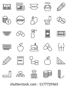 thin line vector icon set - toilet vector, washing powder, sprayer, colander, cookbook, plates, pasta, pencil, corner ruler, apple fruit, coin stack, hierarchy, buttocks, pills, Railway carriage