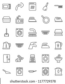 thin line vector icon set - broom vector, water tap, fetlock, scoop, sponge, iron, steaming, washer, sink, pan, kettle, colander, grater, microwave oven, fridge, dishwasher, vacuum cleaner