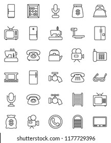 thin line vector icon set - water tap vector, washboard, kettle, glasses, abacus, phone, big scales, film frame, tv, video camera, microphone, classic, fridge, money bag, sewing machine