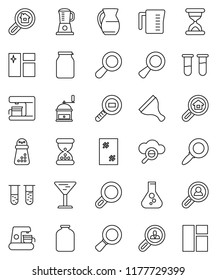 thin line vector icon set - scraper vector, window cleaning, measuring cup, hand mill, jug, jar, magnifier, flask, glass, cargo search, vial, sand clock, cloud, estate, client, coffee maker, blender
