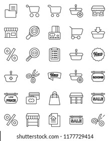 thin line vector icon set - cart vector, credit card, cargo search, estate document, sale signboard, rooms, low price, new, shopping bag, percent, market, store, basket, list, coupon