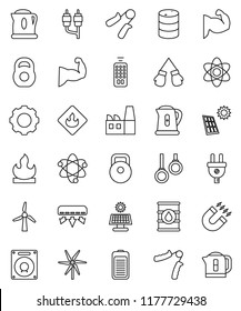 thin line vector icon set - kettle vector, atom, magnet, weight, hand trainer, muscule, boxing glove, gymnast rings, flammable, oil barrel, remote control, battery, rca, gear, solar panel, windmill