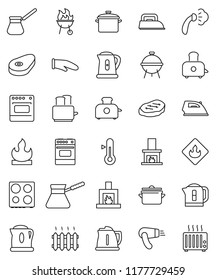thin line vector icon set - iron vector, steaming, pan, kettle, cook glove, turk coffee, toaster, oven, thermometer, bbq, steak, flammable, fireplace, heating, hair dryer, heater